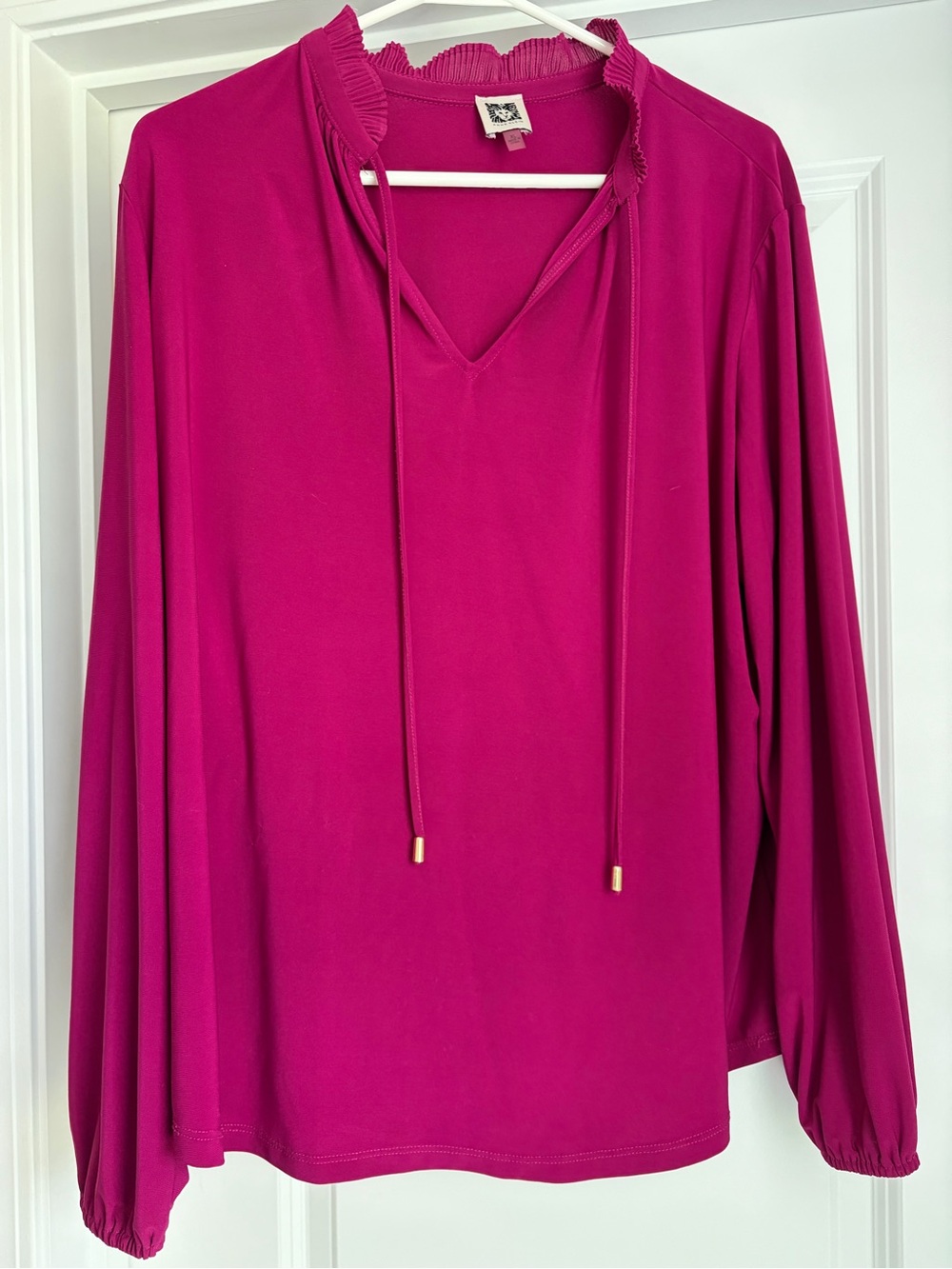 Anne Klein Magenta Tie-Neck Long Sleeve Blouse